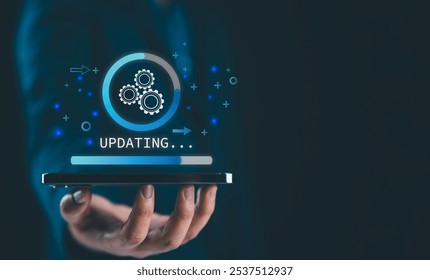 Operating system upgrade concept, installation app and software update process, modernize user equipment, update modern functions, developer released new version Improved security. User is downloading