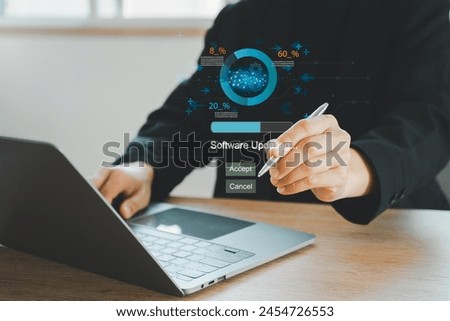 Operating system upgrade concept, installation app and software update process, modernize user equipment, update modern functions, developer released new version Improved security. User is downloading