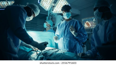 Operating Team Following Directions of a Female Surgeon Using Augmented Reality Headset, Where a Digital Overlay Helping to Streamline the Process During a Medical Operation with a Patient - Powered by Shutterstock