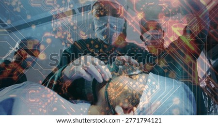 Operating team performing surgery on patient's head in operating room with gloves, circuit overlay. Sterile, cranium, surgeons, monitors, digital, circuitry, collaboration