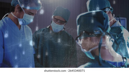 Operating team wearing scrubs and masks at table in operating room with digital data overlay. Medical, healthcare, innovation, futuristic, teamwork, technology, clinical