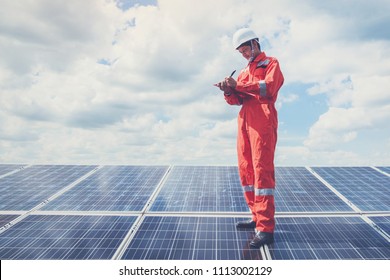 operation and maintenance in solar power plant ; engineering team working on checking and maintenance in solar power plant ,solar power plant to innovation of green energy for life - Shutterstock ID 1113002129