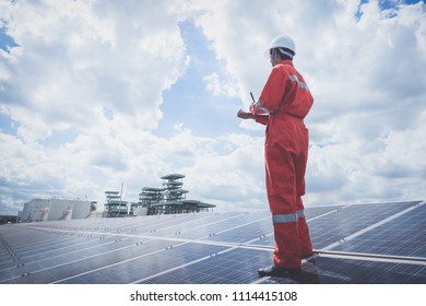 operation and maintenance in solar power plant ; engineering team working on checking and maintenance in solar power plant ,solar power plant to innovation of green energy for life - Shutterstock ID 1114415108