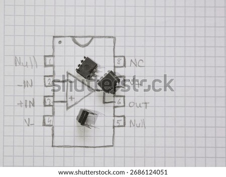 Operational amplifier integrated circuits with schematic drawing. Industrial projects or engineering education concept.