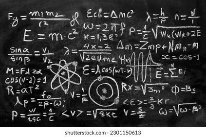 Operations and formulas of quantum physics handwritten with a chalk on the blackboard - Shutterstock ID 2301150613