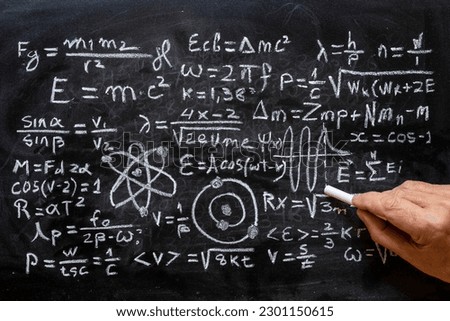 Operations and formulas of quantum physics handwritten with a chalk on the blackboard