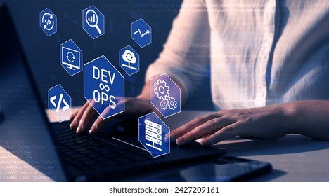 IT operations, high software quality and software development.Agile programming and DevOps concept. Engineer working on laptop with virtual screen. 