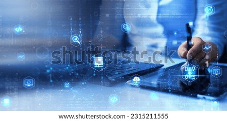 IT operations, high software quality and software development.Agile programming and DevOps concept. Engineer working on laptop with virtual screen.