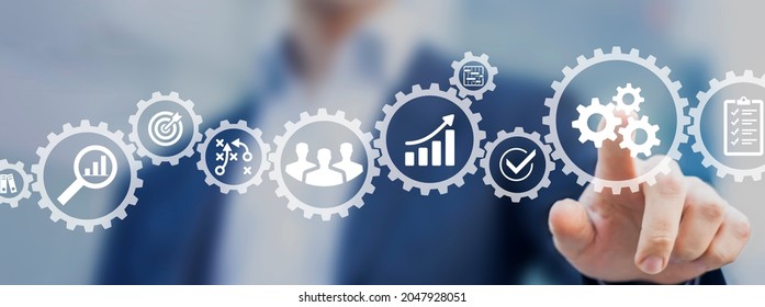 Operations management involving business process and workflow, problem solving, high performance, monitoring and evaluation, quality control. Concept with manager touching gears and icons.