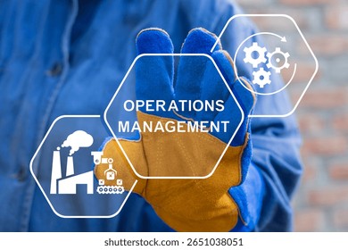 Operations Management Modern Industry Warehouse Concept. Worker using virtual touch screen presses the inscription: OPERATIONS MANAGEMENT.