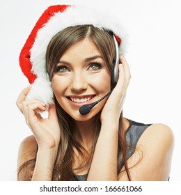 Operator Call Center Woman , Christmas Santa Hat . Isolated .