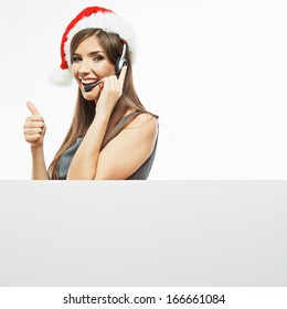 Operator Call Center Woman , Christmas Santa Hat . Isolated .