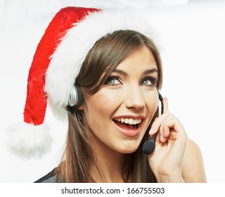 Operator Call Center Woman , Christmas Santa Hat . Isolated .