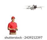 Operator holding a remote controller and flying a drone isolated on white background