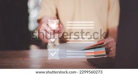 operator makes mark on the survey topic ,Auditing and evaluating the quality and efficiency  ,Checklist with checkmarks and checkboxes ,answering questionnaires ,Online Assessment,quality inspection

