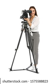 Operator With Professional Video Camera On White Background