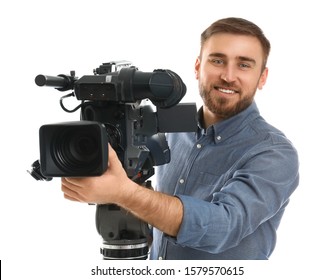 Operator With Professional Video Camera On White Background