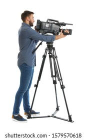 Operator With Professional Video Camera On White Background