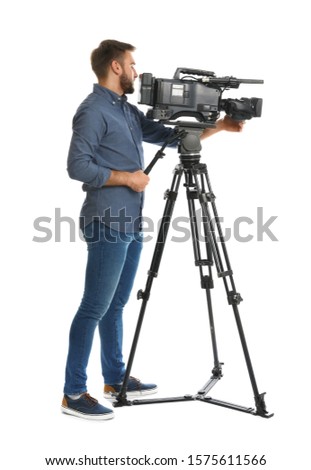 Operator with professional video camera on white background