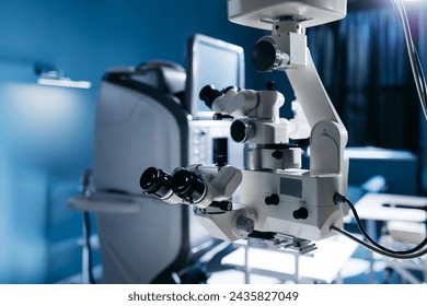 Ophthalmic laser system in eye surgery clinic. Laser treatmnet for myopia. The ophtalmology medical equipment. Eyes examination. Modern device. Laser eye vision correction