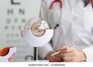Ophthalmologist doctor in clinic, part of eye model on desk, oculus sample