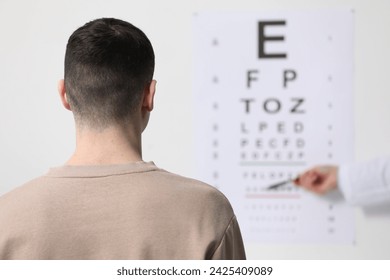 Ophthalmologist testing young man's vision in clinic, back view