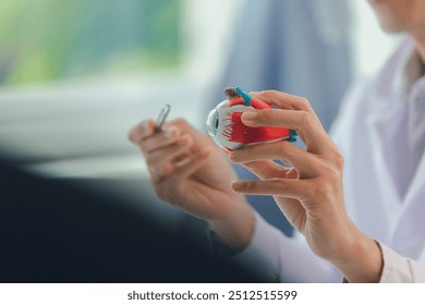 Ophthalmologist using anatomical model of eye to explain to patient with vision problem in hospital. Human eye model, medical education concept. - Powered by Shutterstock