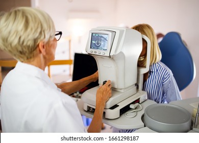 Ophthalmology Eyesight Diagnostic Concept. Modern Eye Test Machine Equipment In Clinic