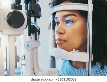 Ophthalmology, medical and eye exam with black woman and consulting for vision, healthcare and glaucoma check. Laser, light and innovation with face of patient and machine for scanning and optometry - Powered by Shutterstock