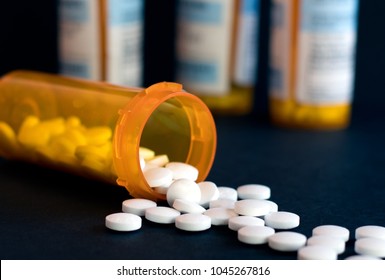 Opioid Crisis - Open Bottle Of Prescription Painkillers. Medicare, Overdose.