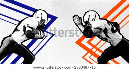 Opponents. American football players in motion, running with ball during game. Creative design. Paper texture style. Concept of sport event, betting, game, championship, competition. Poster for ad