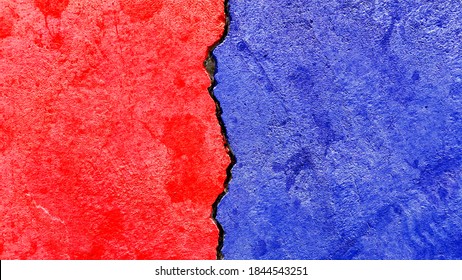 Opposed colors texture banner, abstract political election conflicts concept, e.g., USA, Republican party red VS Democratic party blue colors together painted on broken wall with cracks background - Shutterstock ID 1844543251