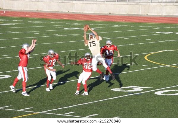Opposing American football players competing for\
ball during competitive game, offensive receiver catching ball in\
mid-air