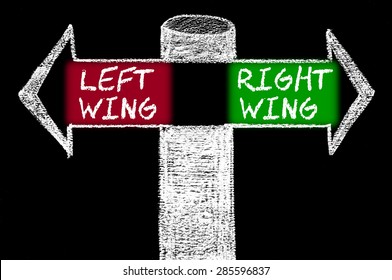 Opposite Arrows With Left Wing Versus Right Wing.
Hand Drawing With Chalk On Blackboard. Choice Conceptual Image
