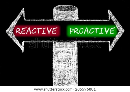 Opposite arrows with Reactive versus Proactive.
Hand drawing with chalk on blackboard. Choice conceptual image

