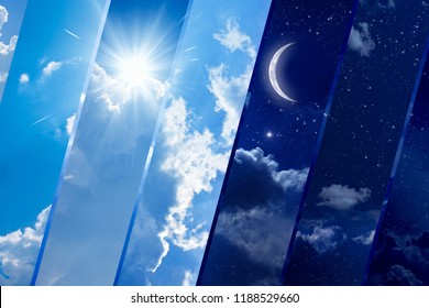 Opposites in nature: day and night, light and darkness, sun and moon. Weather forecast background. 
