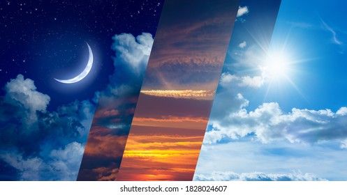 Opposites In Nature: Day And Night, Light And Darkness, Sun And Moon. Weather Forecast And Time Concept Image. Elements Of This Image Furnished By NASA