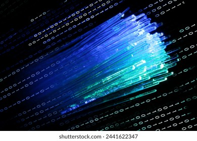 Optical fiber strands and binary code on black background, double exposure