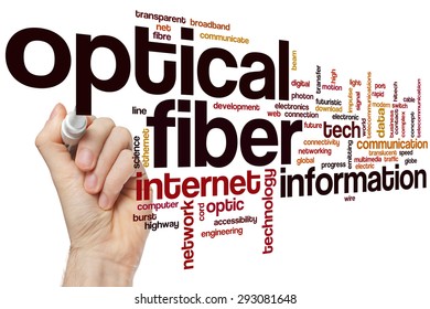 Optical fiber word cloud concept with internet tech related tags