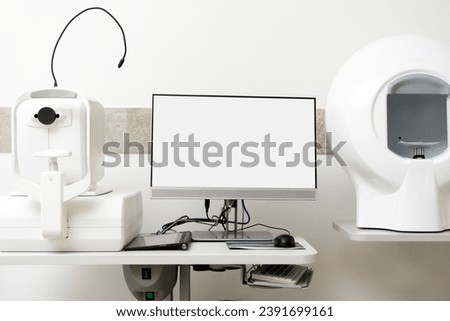 Optician cabinet with optometry equipment and work table, monitor. Mockup. Health care concept