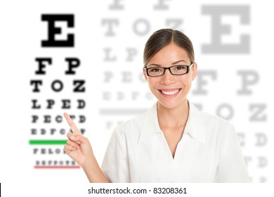 Optician Or Optometrist Pointing At Snellen Eye Exam Chart. Woman Eye Doctor Wearing Glasses On White Background. Female Caucasian / Asian Model.