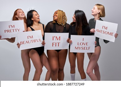 Optimistic Young Models Of Different Body Size For Bodypositive, Convey The Idea Of Loving Yourself, Be Who You Are