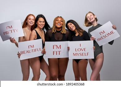 optimistic young models of different body size for bodypositive, convey the idea of loving yourself, be who you are