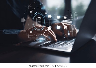 Optimizing Digital Workflow: Hands typing on a laptop with a futuristic holographic interface, illustrating advanced document management, data processing, and secure information transfer for enhanced business efficiency and automation.