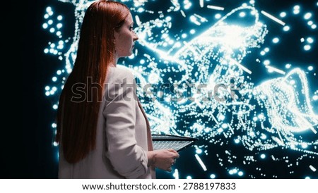 Optimizing neural network, augmented reality tech and software developer using tablet to look at neurons map, fine tuning AI model synaptic weights, touchscreen device and female technician, camera B.