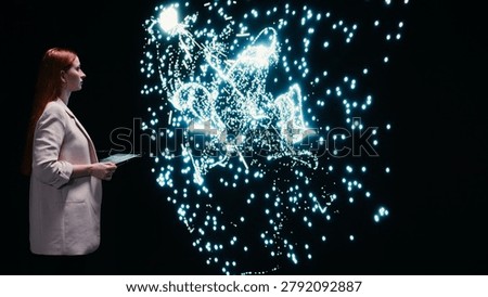 Optimizing neural network, augmented reality tech and software developer using tablet to look at neurons map, fine tuning AI model synaptic weights, touchscreen device and female technician, camera A.