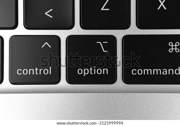 Option key and button on keyboard.\
Option sign close-up. Modern laptop, communication\
concept