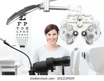 Optometrist Exam, Eyesight  Woman Patient In Optician Office