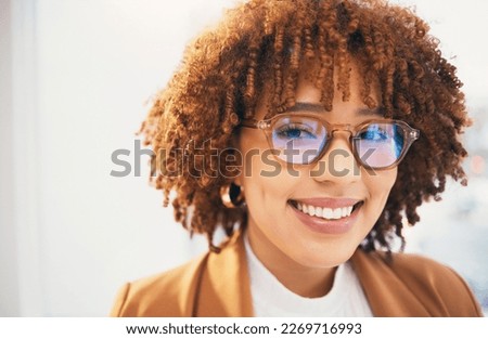 Optometry, glasses and portrait of black woman vision, eye care and happy customer with new lens frame. Young client or person, prescription specs, eyes healthcare and blue reflection or anti glare