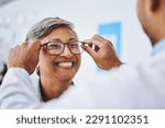 Optometry, smile and woman with prescription glasses, optician and helping client with product. Female person, employee and optometrist assist with eyewear, clear vision and buying new spectacles